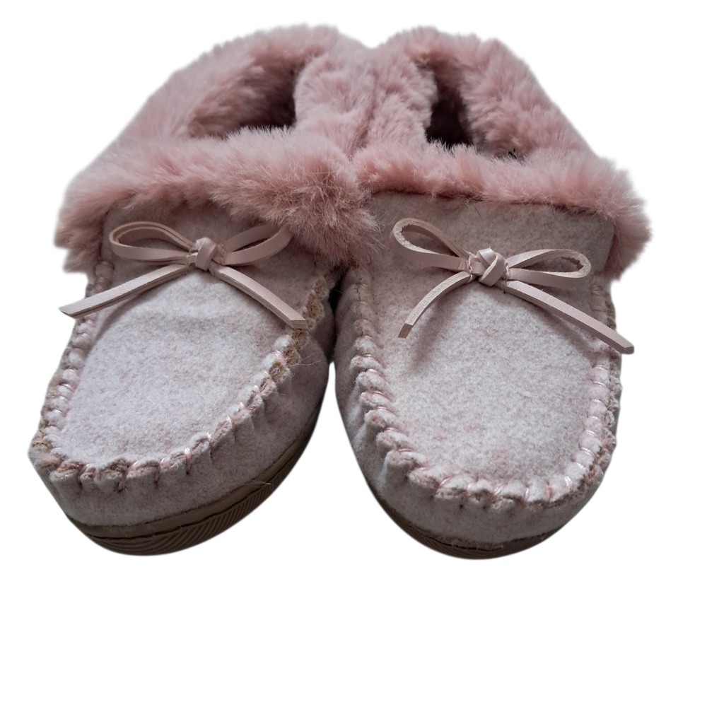 J. Crew Factory Heathered Slippers Womens 8 Pink Moccasin Faux Fur Bow Cozy Soft